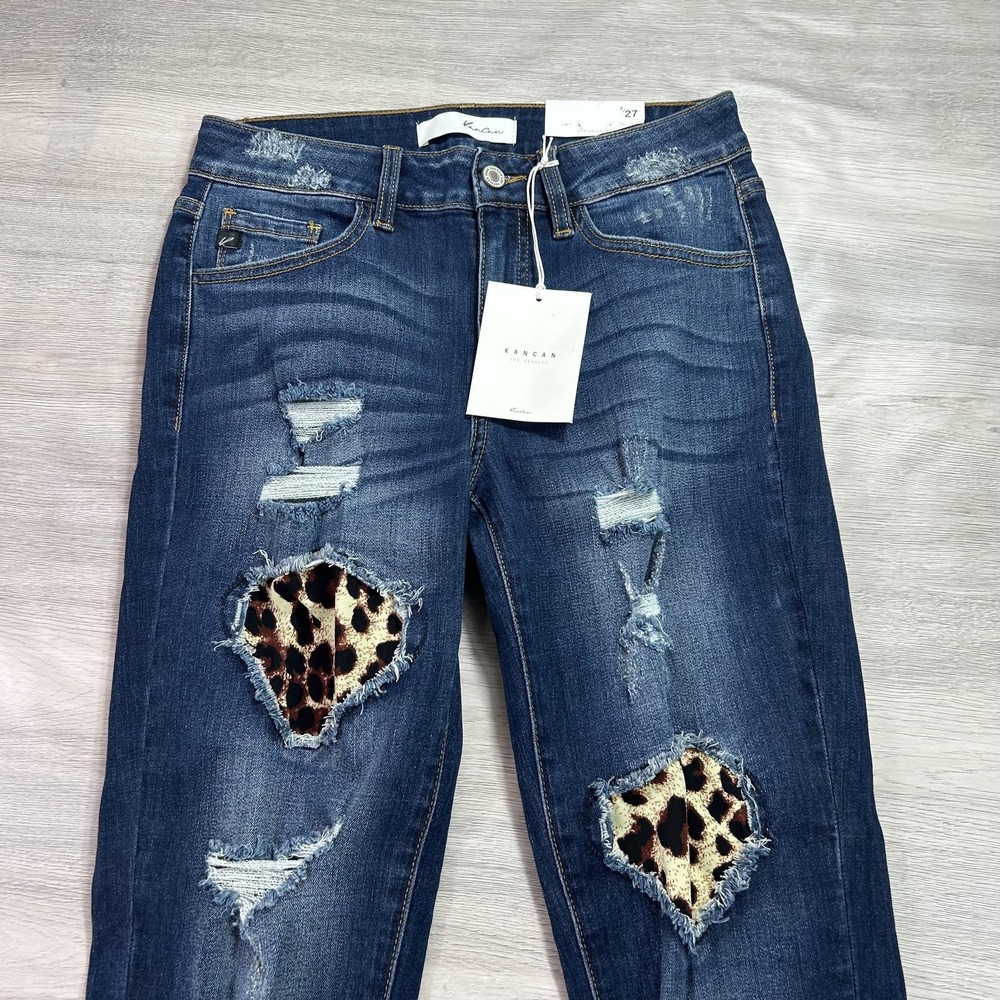KanCan Jeans Womens‎ 7 27 Distressed Leopard Patch Ankle Skinny Mid Rise Stretch - Picture 3 of 14